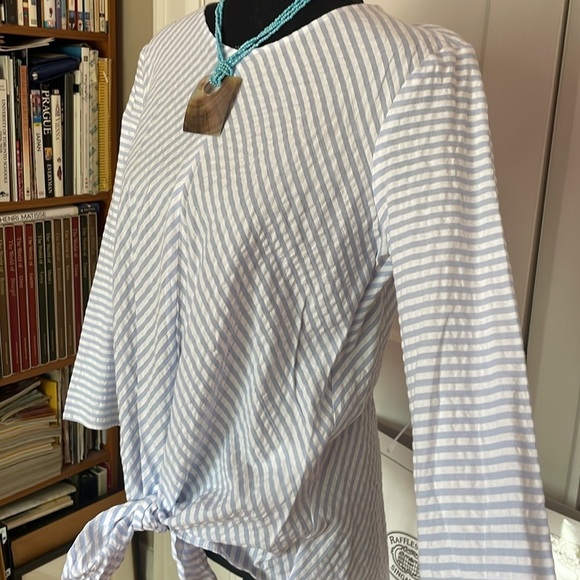 Zara Striped Blue and White Tie Front 3/4 Sleeve Blouse 💯 Cotton Size M - Picture 3 of 13